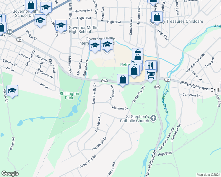 map of restaurants, bars, coffee shops, grocery stores, and more near 111 Colonial Drive in Reading