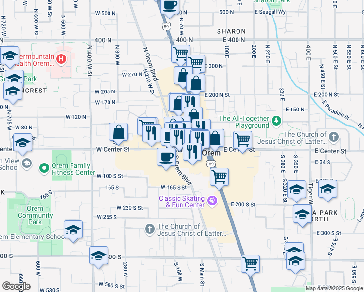 map of restaurants, bars, coffee shops, grocery stores, and more near 66 Center Street in Orem