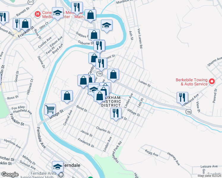 map of restaurants, bars, coffee shops, grocery stores, and more near 536 Grove Avenue in Johnstown