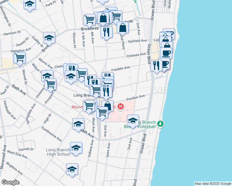 map of restaurants, bars, coffee shops, grocery stores, and more near 166 Morris Avenue in Long Branch