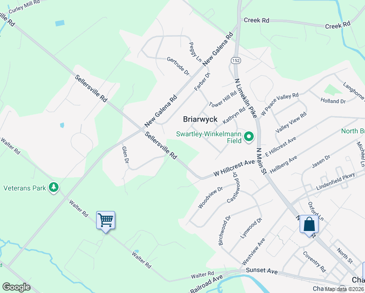 map of restaurants, bars, coffee shops, grocery stores, and more near 35 Woodmount Road in Chalfont