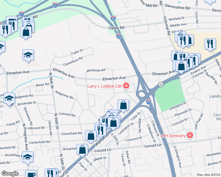 map of restaurants, bars, coffee shops, grocery stores, and more near 3905 Donna Jane Court in Harrisburg