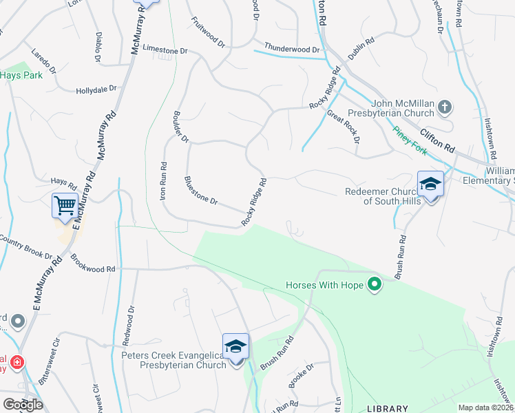 map of restaurants, bars, coffee shops, grocery stores, and more near 309 Rocky Ridge Road in Bethel Park