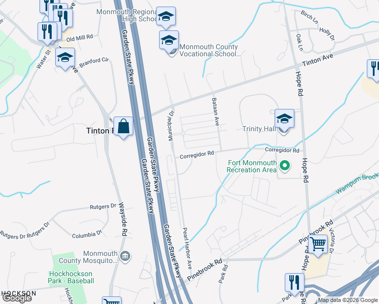map of restaurants, bars, coffee shops, grocery stores, and more near 24 Kelly Way in Tinton Falls