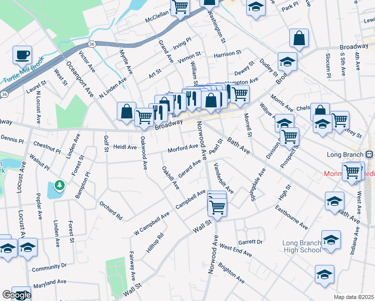 map of restaurants, bars, coffee shops, grocery stores, and more near 630 Morford Avenue in Long Branch