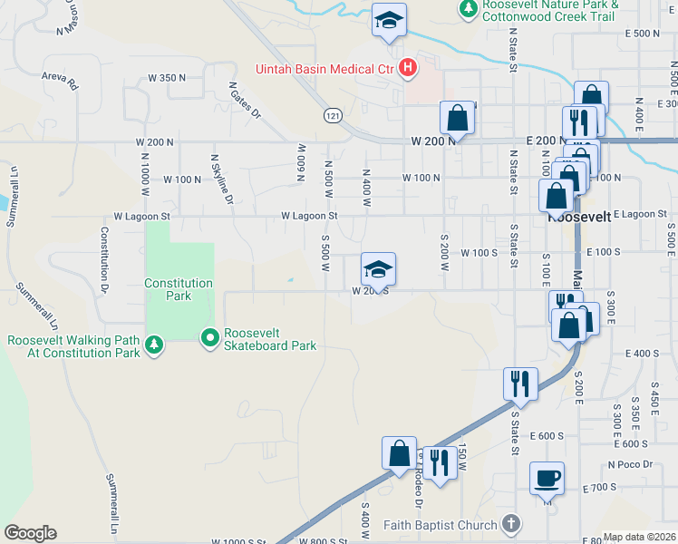 map of restaurants, bars, coffee shops, grocery stores, and more near 162 South Nye Street in Roosevelt
