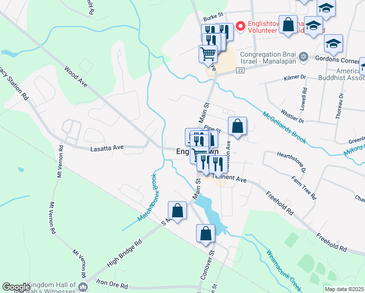 map of restaurants, bars, coffee shops, grocery stores, and more near 14 Water Street in Englishtown