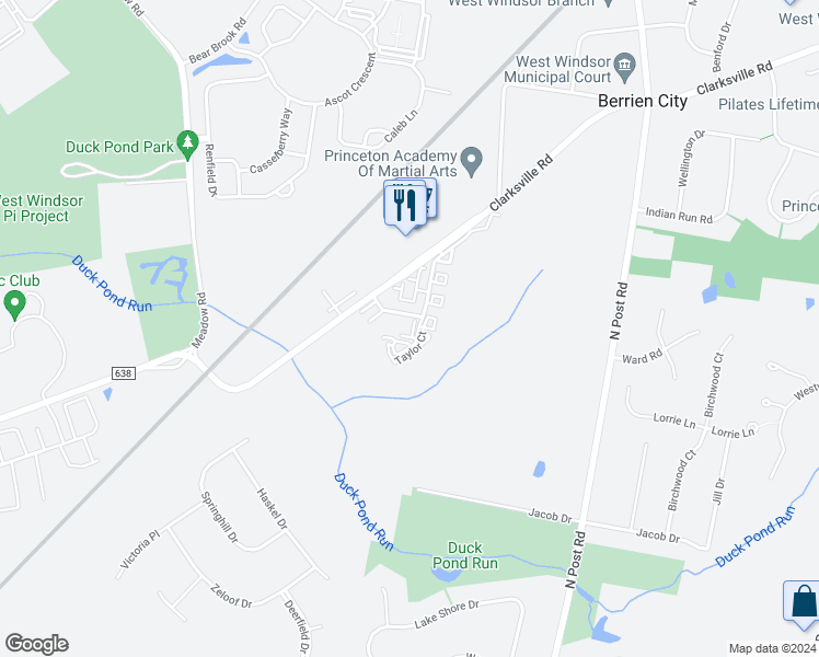 map of restaurants, bars, coffee shops, grocery stores, and more near 7 Heather Drive in West Windsor Township
