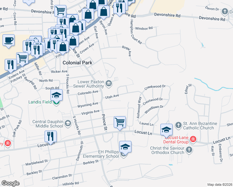 map of restaurants, bars, coffee shops, grocery stores, and more near 5016 Utah Avenue in Harrisburg
