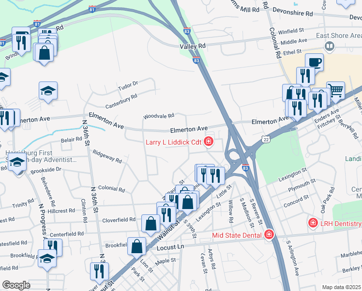 map of restaurants, bars, coffee shops, grocery stores, and more near 107 Chestnut Street in Harrisburg