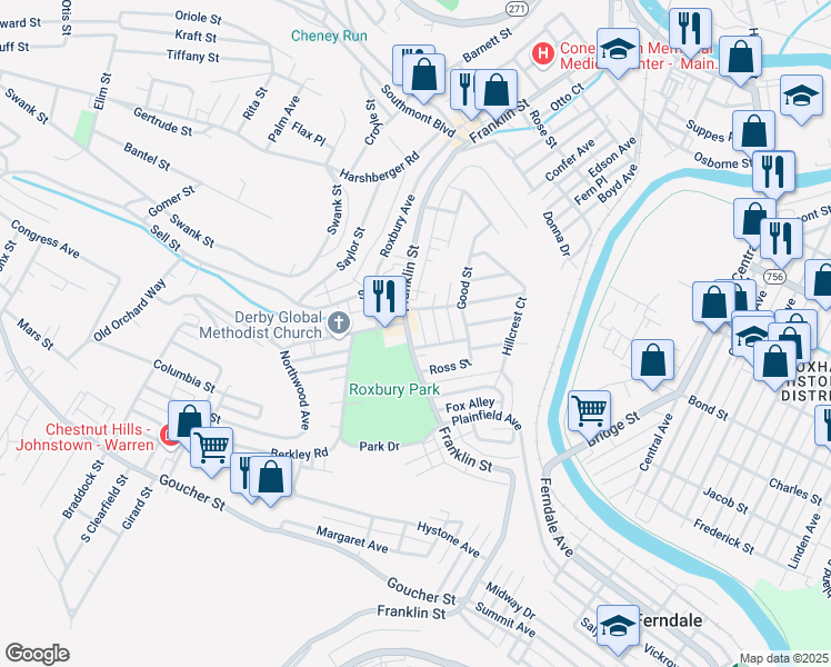map of restaurants, bars, coffee shops, grocery stores, and more near 102-198 Barnhart St in Johnstown