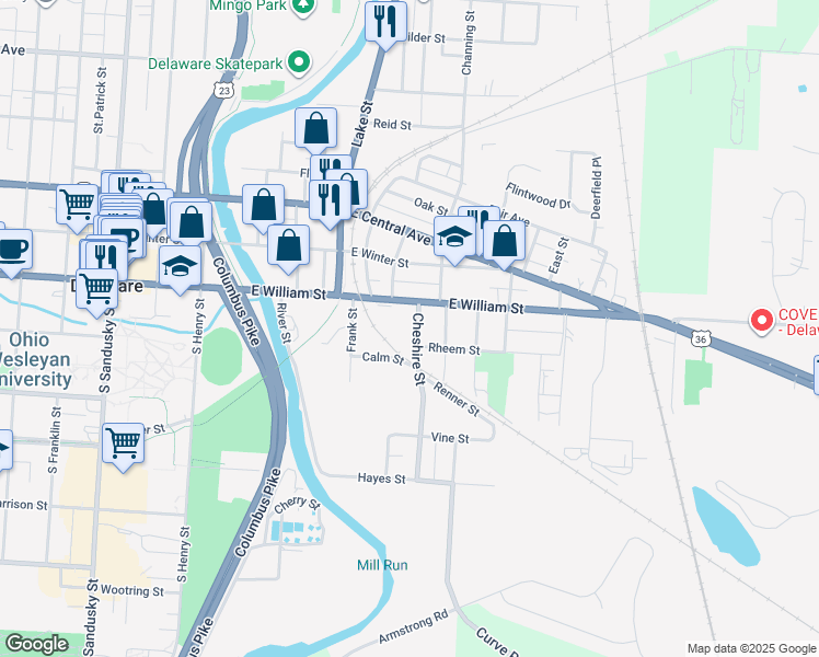 map of restaurants, bars, coffee shops, grocery stores, and more near 224 East William Street in Delaware