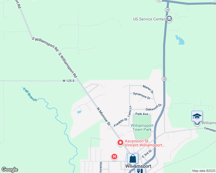 map of restaurants, bars, coffee shops, grocery stores, and more near Wheel Circle in Williamsport