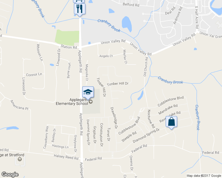 map of restaurants, bars, coffee shops, grocery stores, and more near 40 Drawbridge Drive in Monroe Township