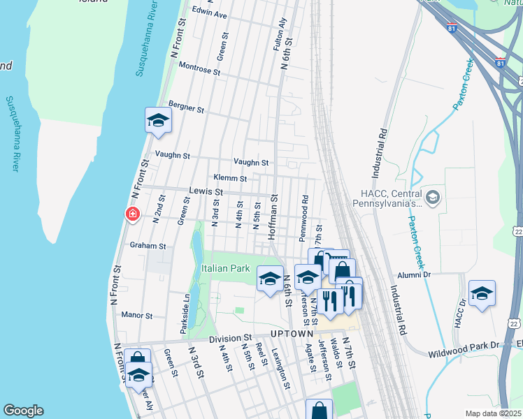 map of restaurants, bars, coffee shops, grocery stores, and more near 3123 North 5th Street in Harrisburg