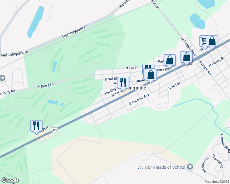 map of restaurants, bars, coffee shops, grocery stores, and more near 1256 Harding Ave in Hershey