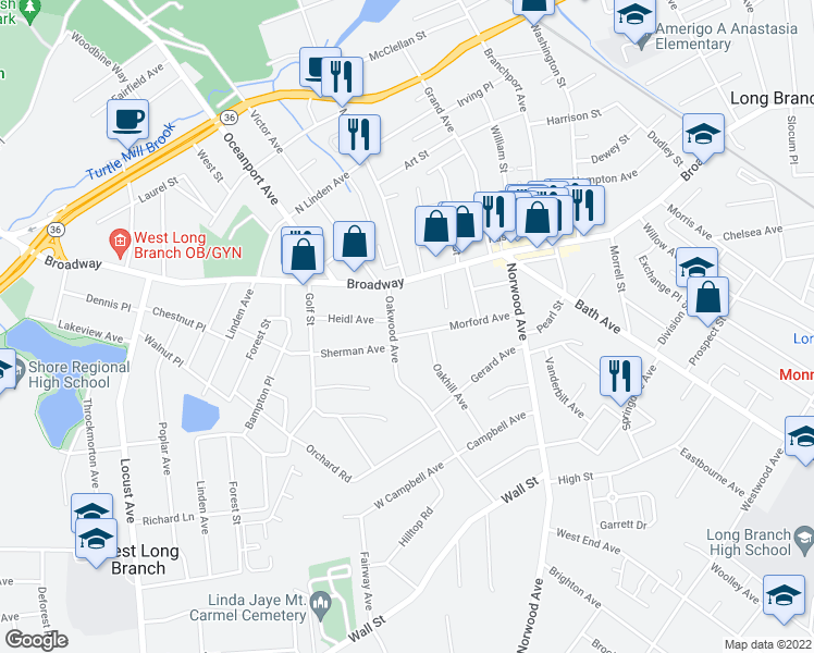 map of restaurants, bars, coffee shops, grocery stores, and more near 693 Morford Avenue in Long Branch