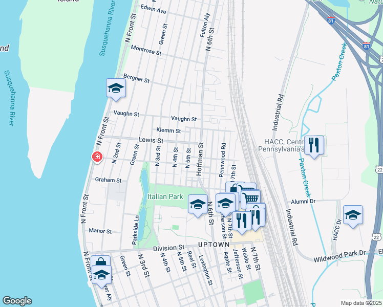 map of restaurants, bars, coffee shops, grocery stores, and more near 3123 North 5th Street in Harrisburg