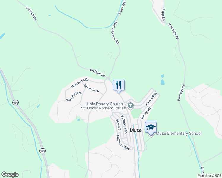 map of restaurants, bars, coffee shops, grocery stores, and more near 287 Muse-Bishop Road in Canonsburg