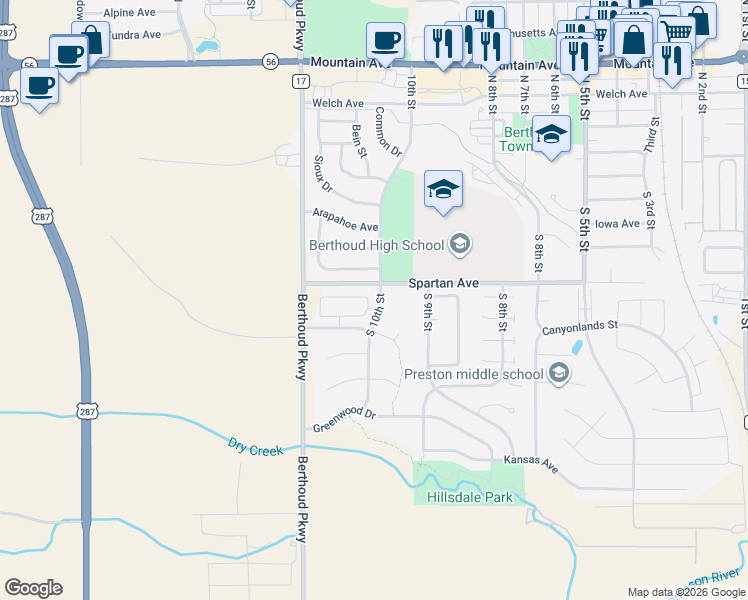 map of restaurants, bars, coffee shops, grocery stores, and more near 411 Cheyenne Drive in Berthoud