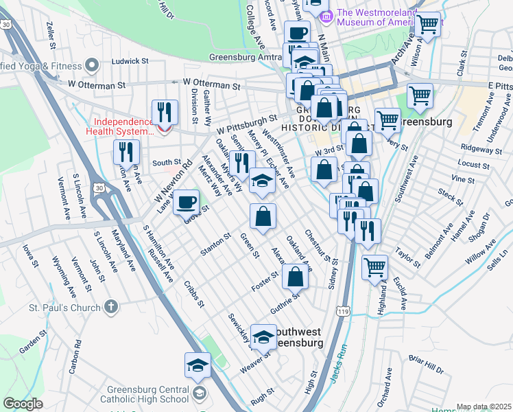 map of restaurants, bars, coffee shops, grocery stores, and more near 324 Oakland Avenue in Greensburg