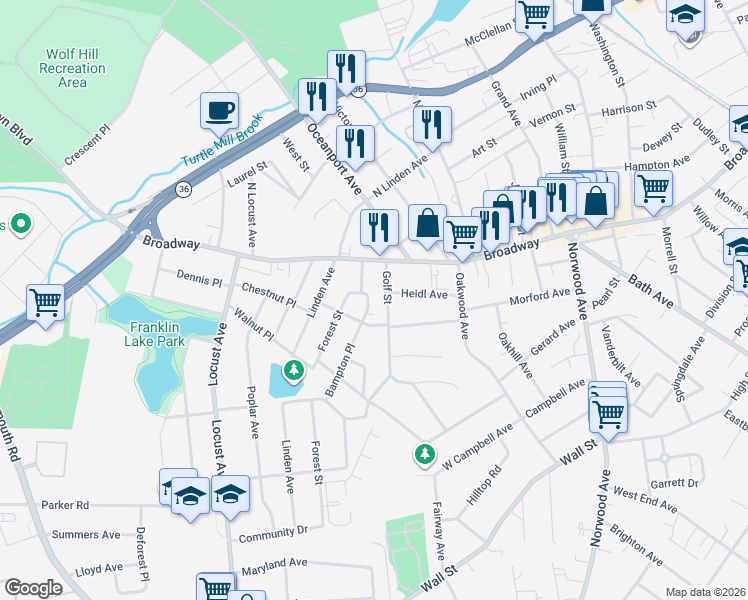map of restaurants, bars, coffee shops, grocery stores, and more near 2 Bampton Place in West Long Branch