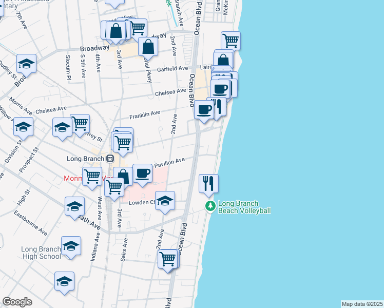 map of restaurants, bars, coffee shops, grocery stores, and more near 47 Pavilion Ave in Long Branch