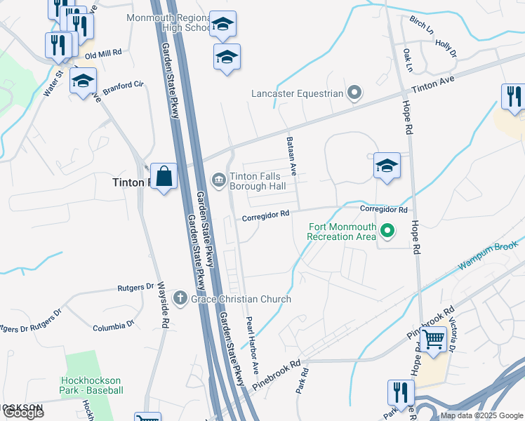 map of restaurants, bars, coffee shops, grocery stores, and more near 24 Kelly Way in Tinton Falls