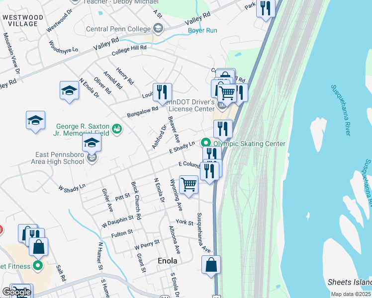 map of restaurants, bars, coffee shops, grocery stores, and more near 90 East Shady Lane in Enola