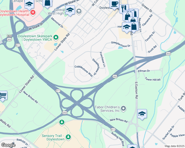 map of restaurants, bars, coffee shops, grocery stores, and more near 107 Steeplechase Drive in Doylestown
