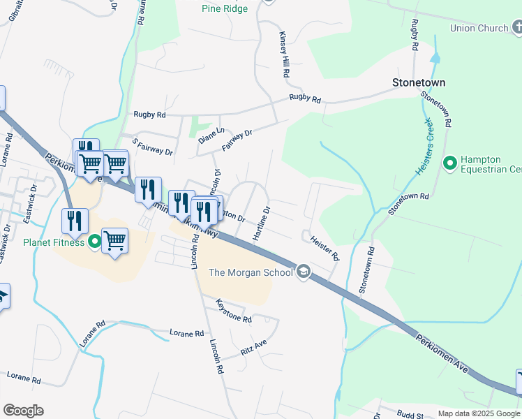 map of restaurants, bars, coffee shops, grocery stores, and more near 106 Hartline Drive in Reading