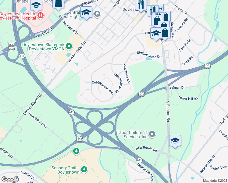 map of restaurants, bars, coffee shops, grocery stores, and more near 107 Steeplechase Drive in Doylestown