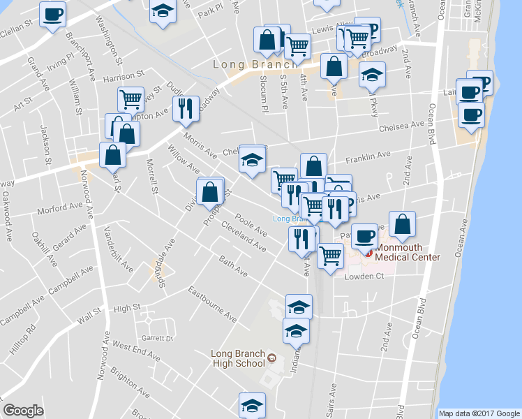 map of restaurants, bars, coffee shops, grocery stores, and more near 296 Willow Avenue in Long Branch
