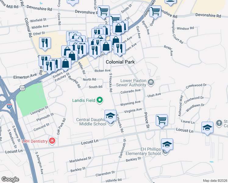 map of restaurants, bars, coffee shops, grocery stores, and more near 4902 Colorado Ave in Harrisburg