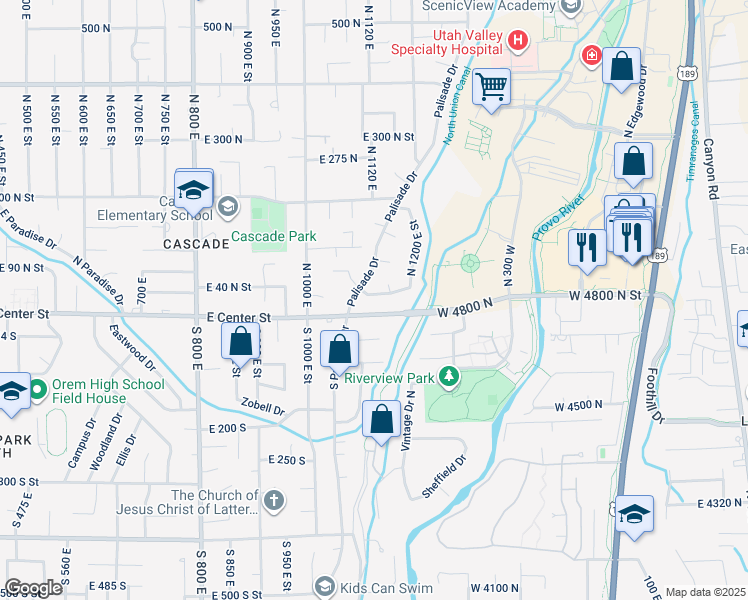 map of restaurants, bars, coffee shops, grocery stores, and more near 1122 East 40 North Street in Orem