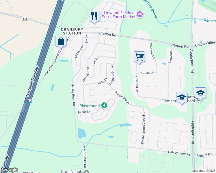 map of restaurants, bars, coffee shops, grocery stores, and more near 6 Americana Place in Monroe Township