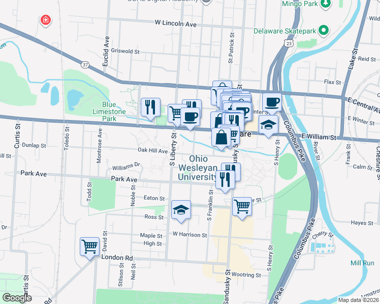 map of restaurants, bars, coffee shops, grocery stores, and more near 50 South Washington Street in Delaware