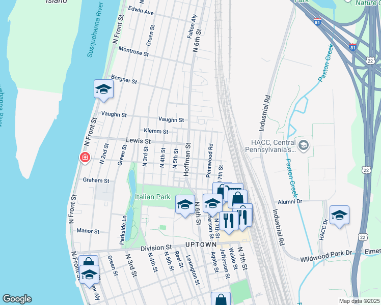 map of restaurants, bars, coffee shops, grocery stores, and more near 3131 Hoffman Street in Harrisburg