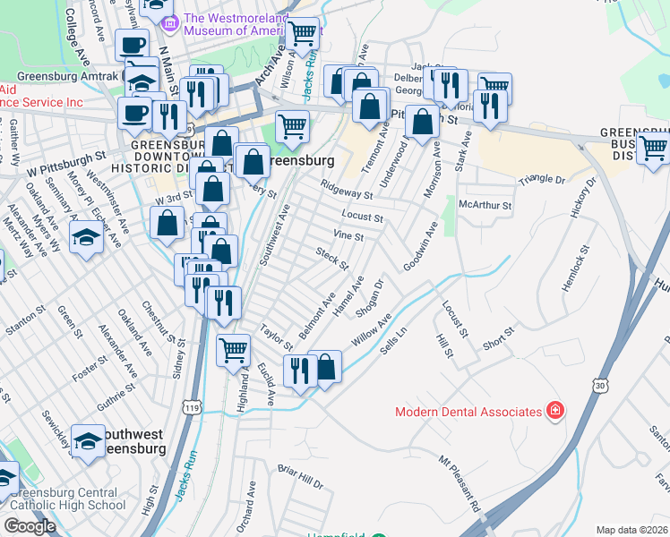map of restaurants, bars, coffee shops, grocery stores, and more near 509 Tremont Avenue in Greensburg