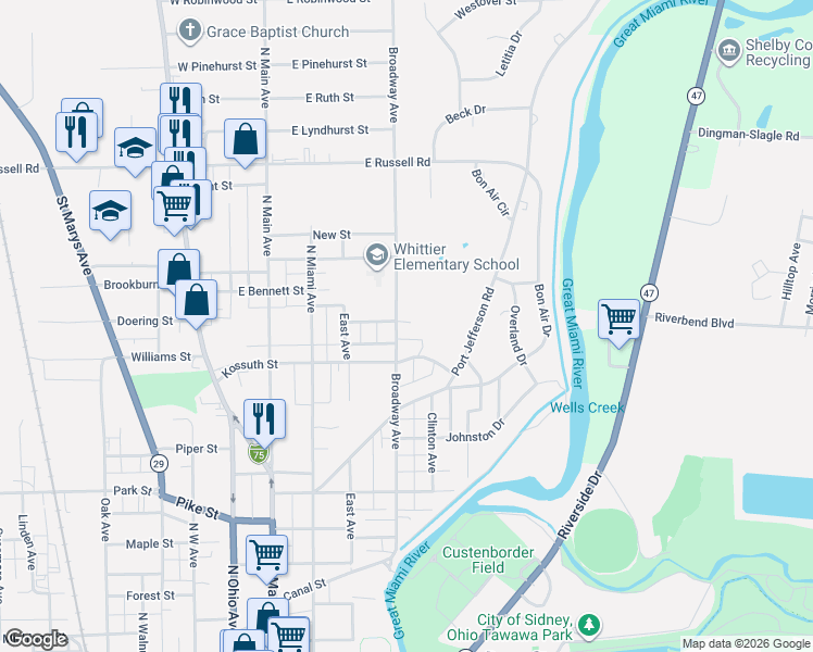 map of restaurants, bars, coffee shops, grocery stores, and more near 1032 Broadway Avenue in Sidney