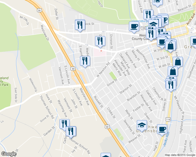 map of restaurants, bars, coffee shops, grocery stores, and more near 630 West Newton Street in Greensburg