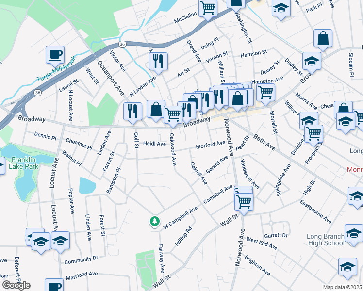 map of restaurants, bars, coffee shops, grocery stores, and more near 693 Morford Avenue in Long Branch