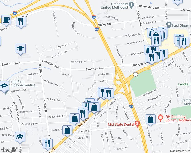 map of restaurants, bars, coffee shops, grocery stores, and more near 4001 Linden Street in Harrisburg