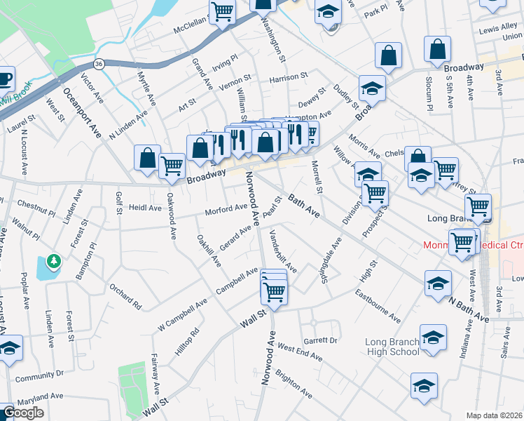 map of restaurants, bars, coffee shops, grocery stores, and more near 63 Norwood Avenue in Long Branch