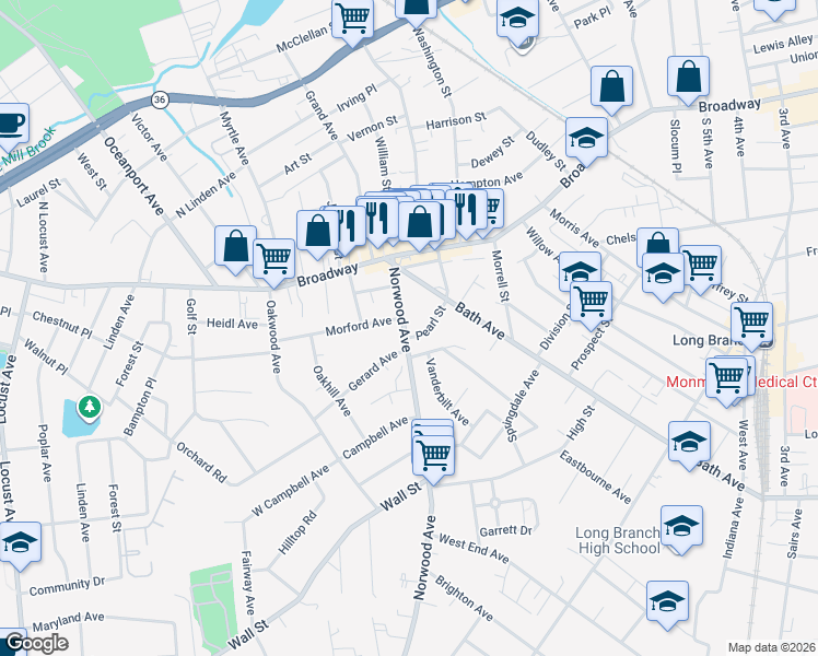 map of restaurants, bars, coffee shops, grocery stores, and more near 63 Norwood Avenue in Long Branch