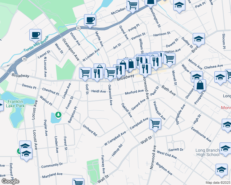 map of restaurants, bars, coffee shops, grocery stores, and more near 693 Morford Avenue in Long Branch