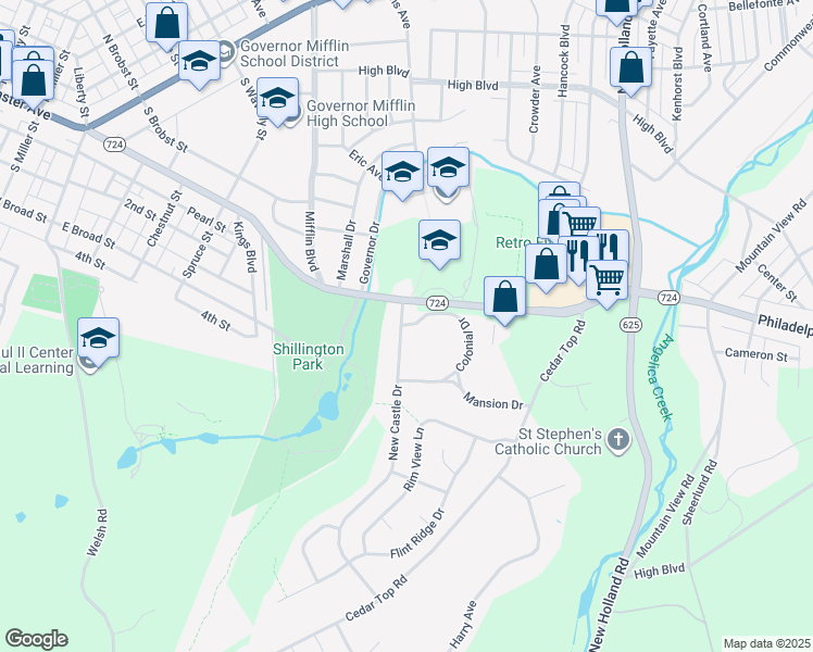 map of restaurants, bars, coffee shops, grocery stores, and more near 205 New Castle Drive in Shillington