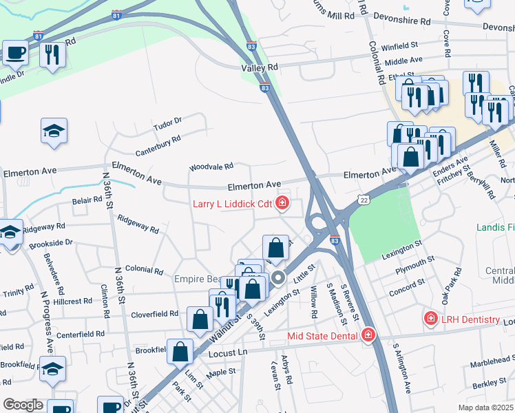 map of restaurants, bars, coffee shops, grocery stores, and more near 4001 Linden Street in Harrisburg