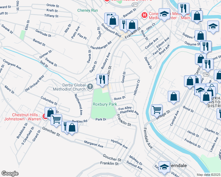 map of restaurants, bars, coffee shops, grocery stores, and more near 102-198 Barnhart St in Johnstown