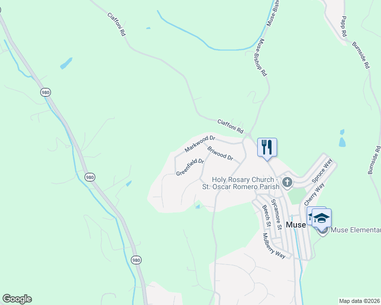 map of restaurants, bars, coffee shops, grocery stores, and more near 177 Markwood Drive in Canonsburg